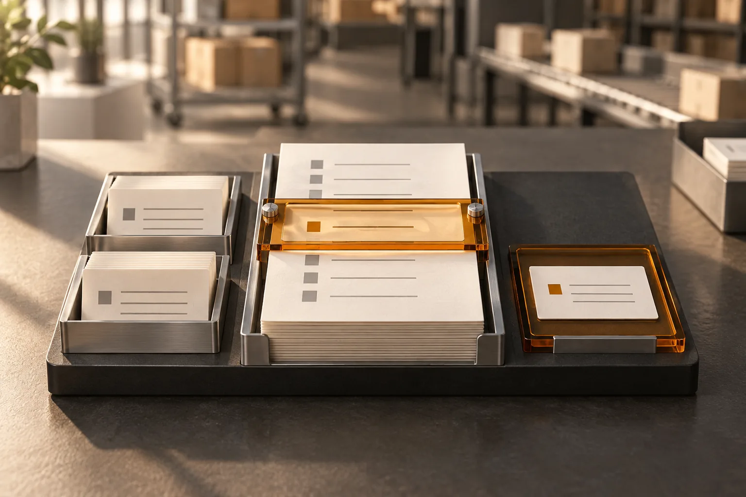Composition conceptuelle générée : des documents ivoire et une feuille annotée sont examinés dans un espace de travail graphite avec des repères ambre. Il ne s’agit pas d’une capture de produit.