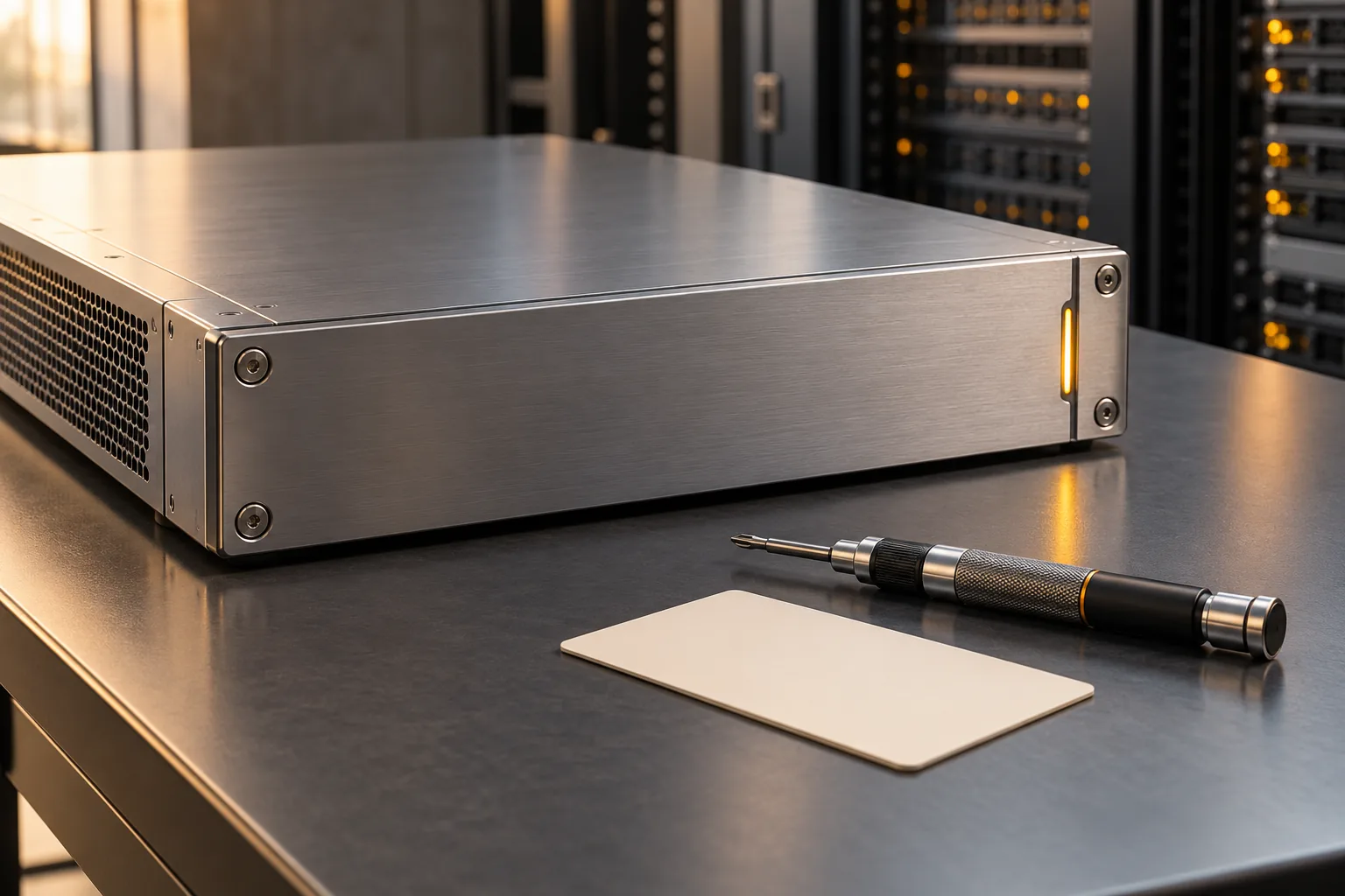 Generated editorial still life: a closed server enclosure, a precision screwdriver and a maintenance card on a workbench.