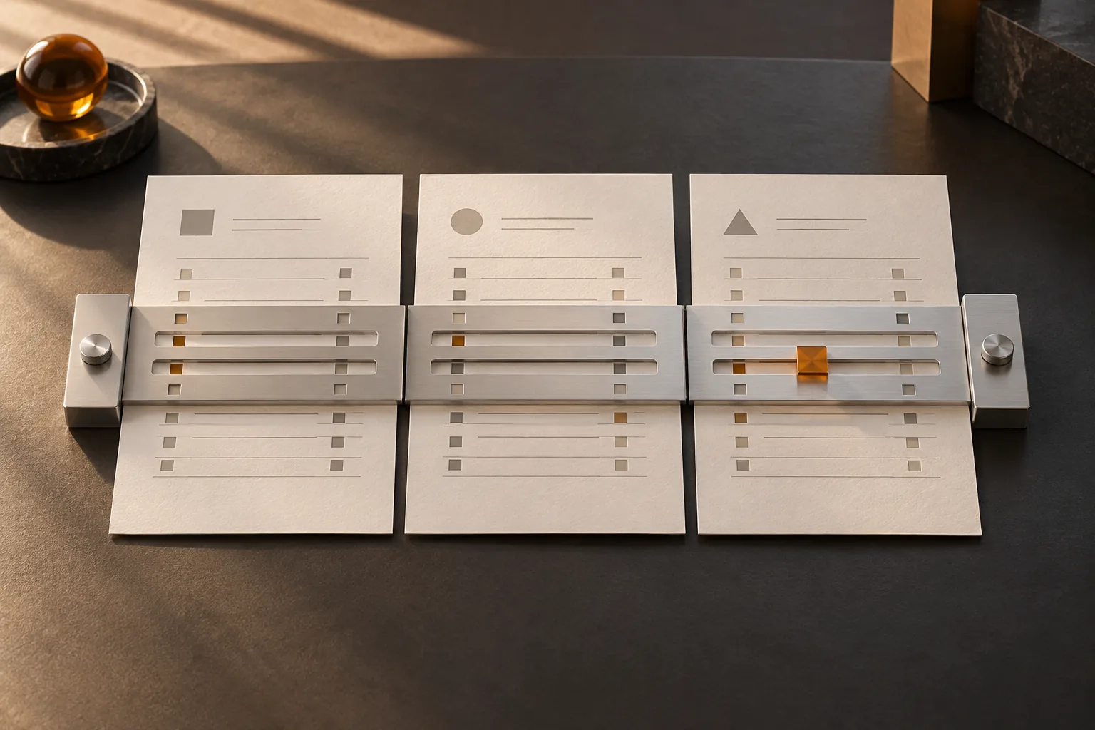 Composition conceptuelle générée : trois documents ivoire sont rapprochés sur un établi graphite par des guides métalliques et des repères ambre. Il ne s’agit pas d’une capture de logiciel comptable.