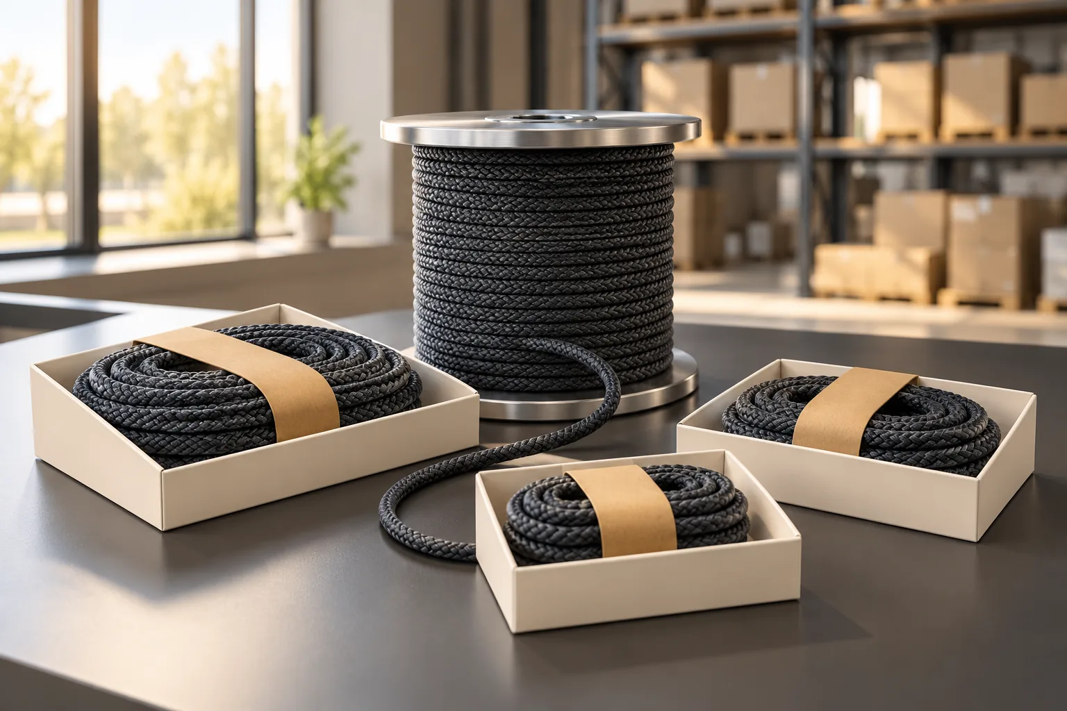Scène éditoriale générée : une bobine de corde technique et trois longueurs préparées dans des plateaux illustrent un stock commun et des commandes sur mesure.