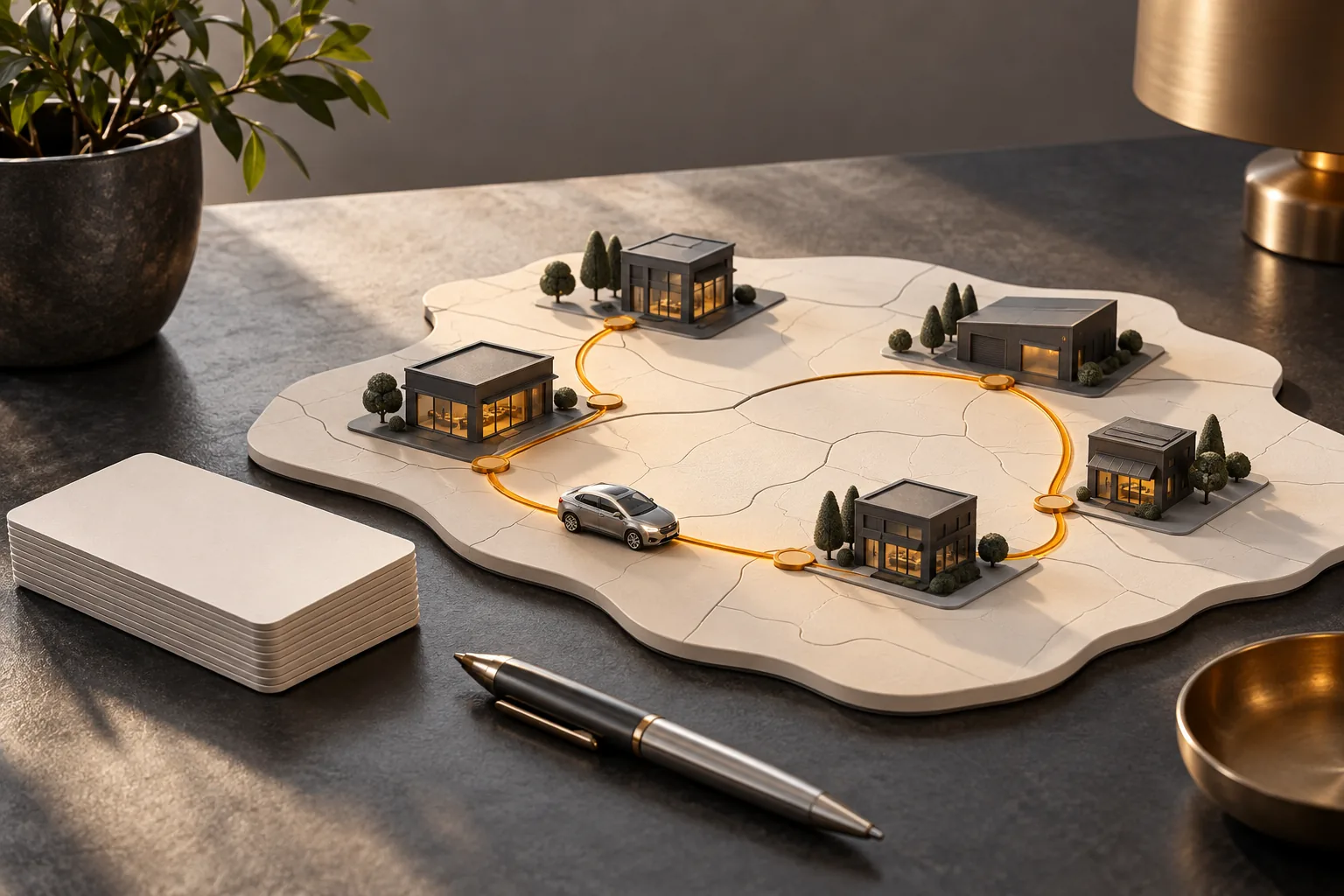 Composition conceptuelle générée : une maquette de territoire réunit une petite voiture sans marque, des blocs clients et une boucle de visite ambre, avec des fiches de journée vierges.