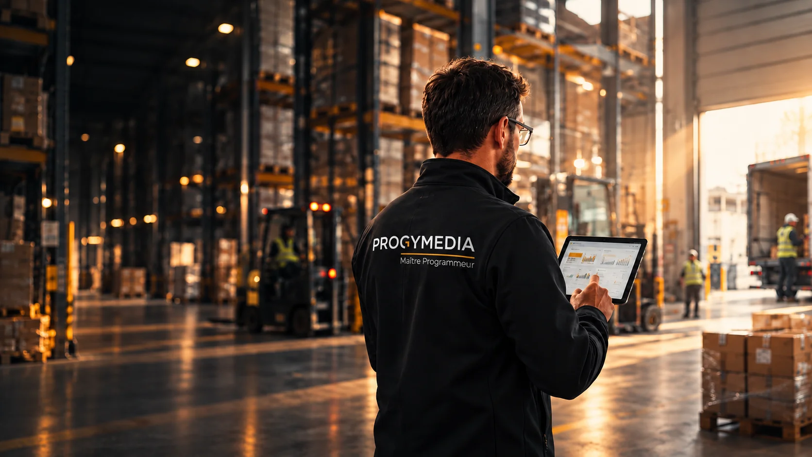 Campaign scene: a specialist with the Progymédia logo on the back of his jacket reviews a tablet in a warehouse.